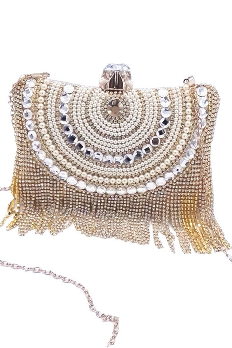 Load image into Gallery viewer, Golden Beaded Pearls Party Clutch