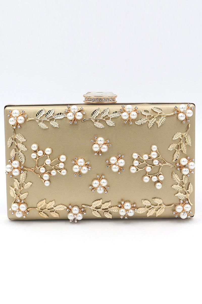 Load image into Gallery viewer, Golden Beaded Pearls Party Clutch