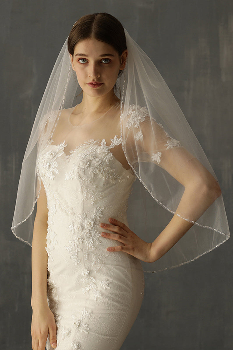 Load image into Gallery viewer, White Handmade Beaded Mid-Length Bridal Veil