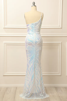 Glitter White One Shoulder Sequins Prom Dress