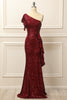 Load image into Gallery viewer, Burgundy Sequins One Shoulder Prom Dress