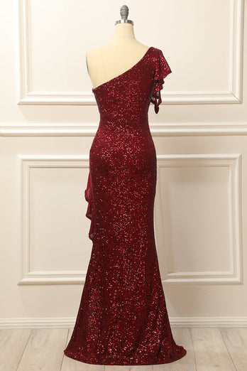 Burgundy Sequins One Shoulder Prom Dress