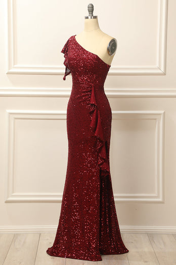 Burgundy Sequins One Shoulder Prom Dress