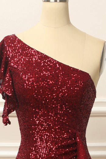 Burgundy Sequins One Shoulder Prom Dress