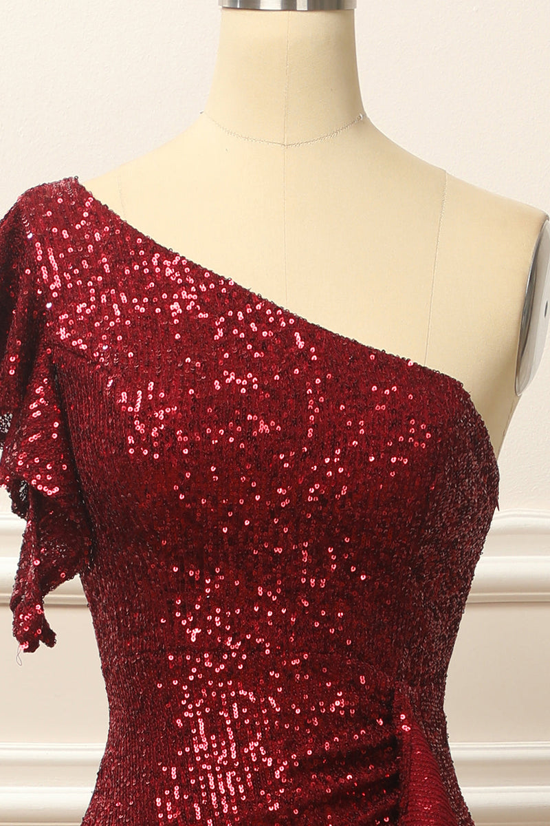 Load image into Gallery viewer, Burgundy Sequins One Shoulder Prom Dress