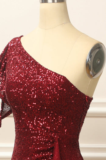 Burgundy Sequins One Shoulder Prom Dress