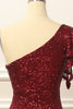 Load image into Gallery viewer, Burgundy Sequins One Shoulder Prom Dress