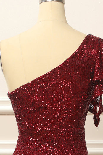 Burgundy Sequins One Shoulder Prom Dress