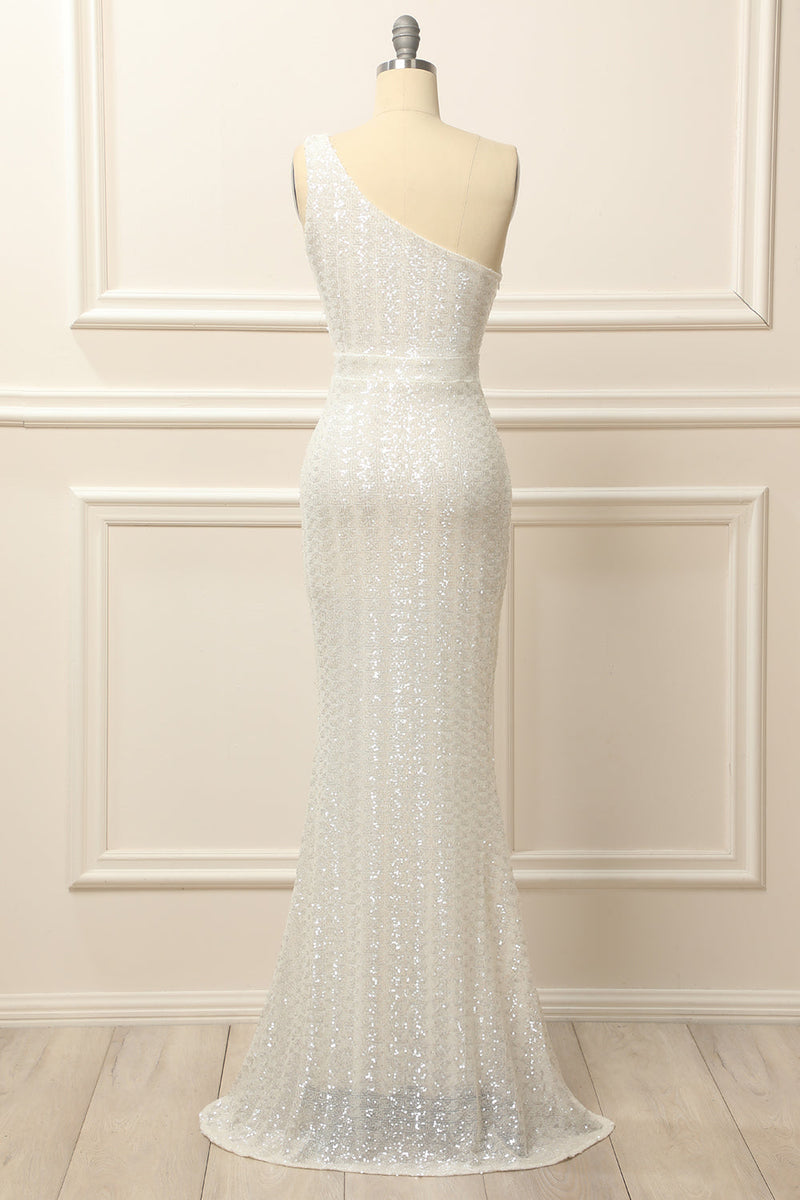 Load image into Gallery viewer, Mermaid One Shoulder White Sequins Long Prom Dress