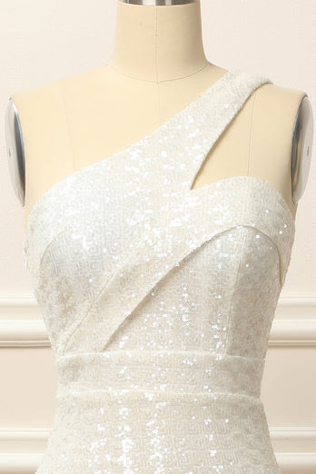 Mermaid One Shoulder White Sequins Long Prom Dress