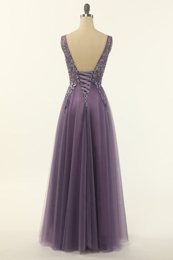 Tulle Purple A-line Prom Dress with Beading