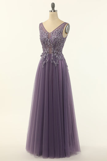 Tulle Purple A-line Prom Dress with Beading