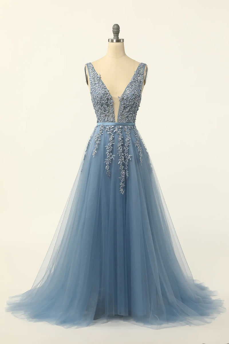 Load image into Gallery viewer, Blue Tulle A Line Prom Dress with Appliques