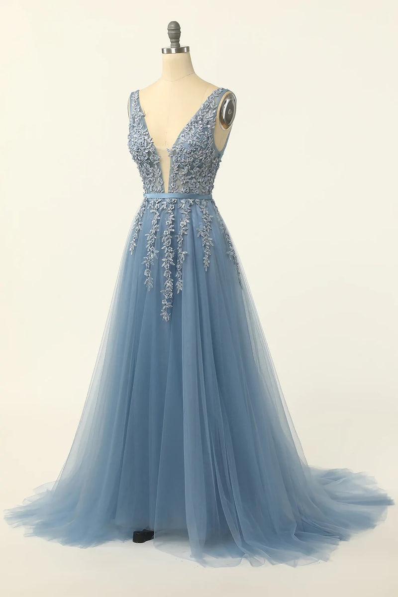 Hellymoon Women Blue Tulle A Line Prom Dress with Appliques V Neck ...