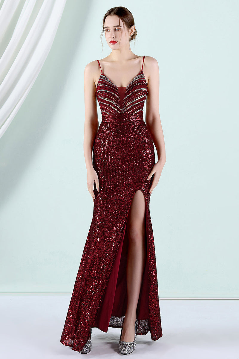 Load image into Gallery viewer, Dark Red Sequins Sheath Prom Dress with Slit