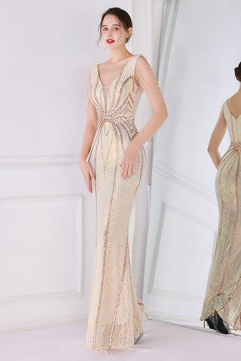 Gold Sequins Sheath Prom Dress with Fringes