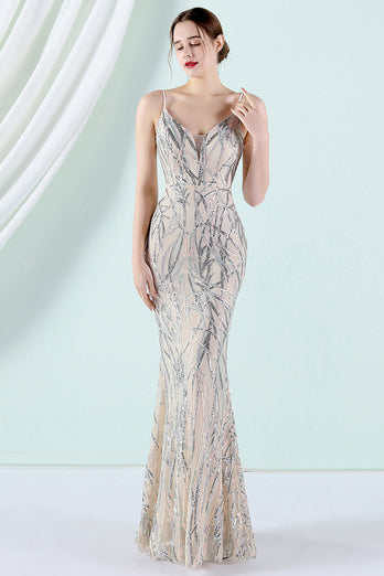 Apricot Silver Spaghetti Straps Mermaid Prom Dress