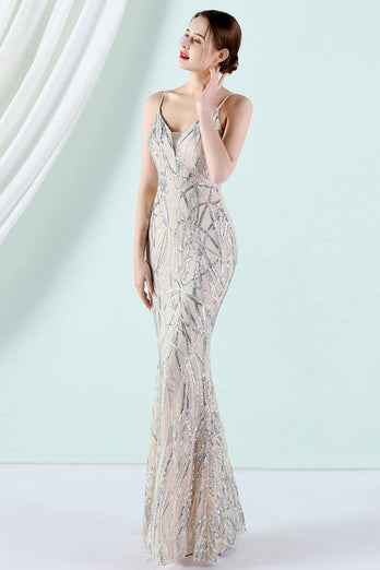 Apricot Silver Spaghetti Straps Mermaid Prom Dress