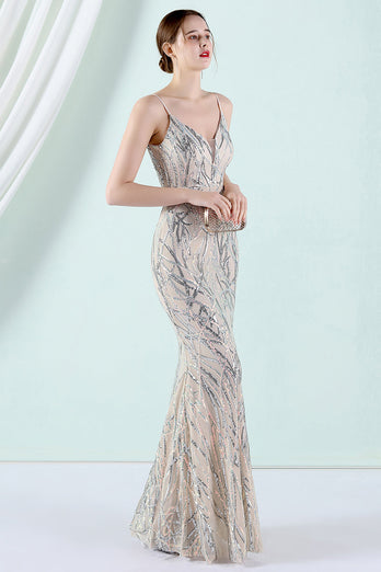 Apricot Silver Spaghetti Straps Mermaid Prom Dress