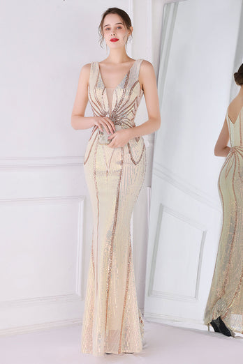 Apricot Golden Deep V Neck Prom Dress