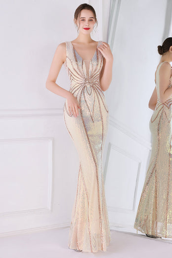 Apricot Golden Deep V Neck Prom Dress