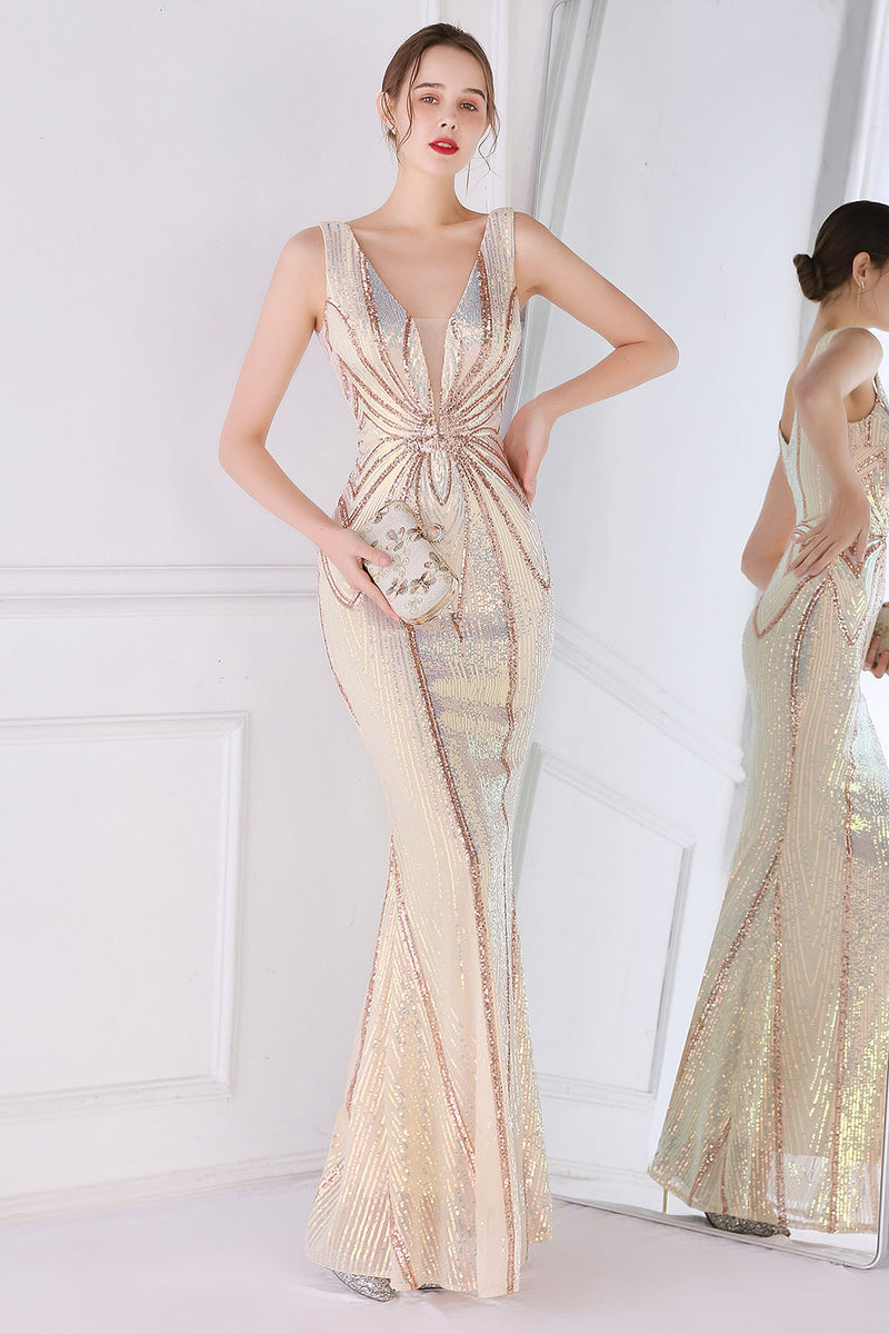 Load image into Gallery viewer, Apricot Golden Deep V Neck Prom Dress