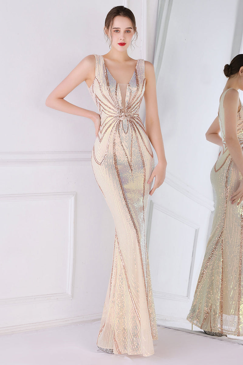 Load image into Gallery viewer, Apricot Golden Deep V Neck Prom Dress