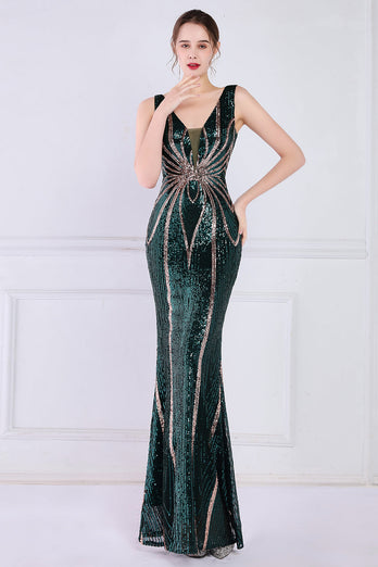 Dark Green Deep V Neck Prom Dress