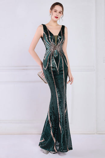 Dark Green Deep V Neck Prom Dress