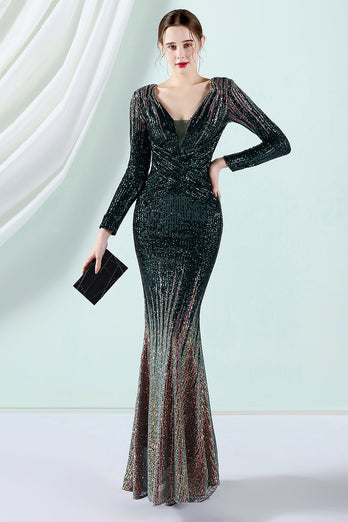 Dark Green Sequined Long Sleeves Evening Dress