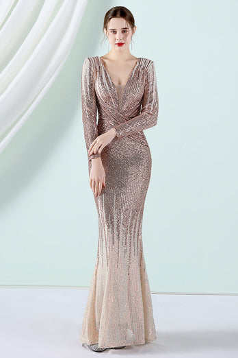 Dark Green Sequined Long Sleeves Evening Dress