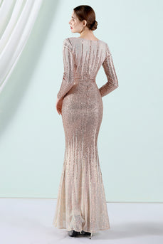 Golden Sequined Long Sleeves Evening Dress