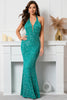 Load image into Gallery viewer, Green Sequined Halter Backless Evening Dress