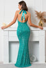 Load image into Gallery viewer, Green Sequined Halter Backless Evening Dress