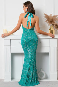 Green Sequined Halter Backless Evening Dress