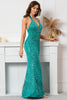 Load image into Gallery viewer, Green Sequined Halter Backless Evening Dress