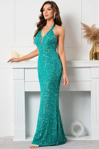 Green Sequined Halter Backless Evening Dress