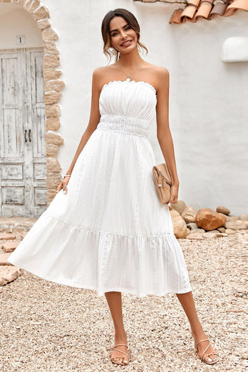Tea Length Strapless White Graduation Dress