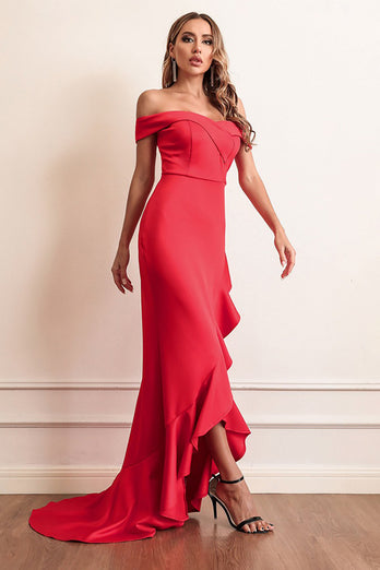 Red Sheath Off The Shoulder Prom Dress With Ruffles