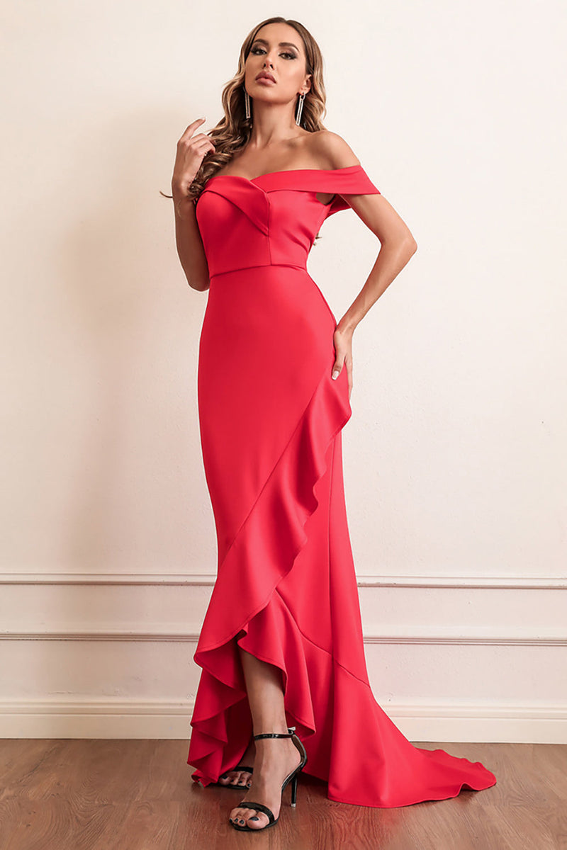 Load image into Gallery viewer, Red Sheath Off The Shoulder Prom Dress With Ruffles