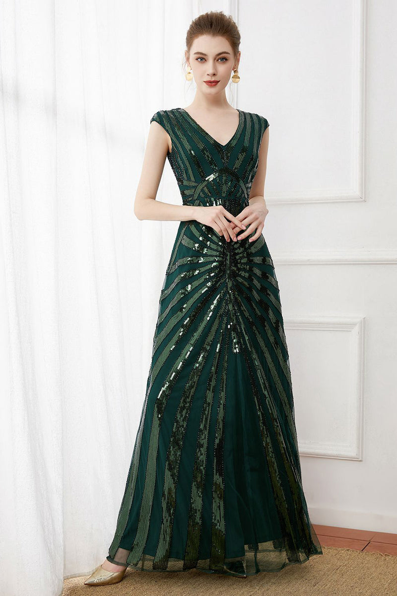 Load image into Gallery viewer, Dark Green Sequins Sparkly Party Dress with Beaded