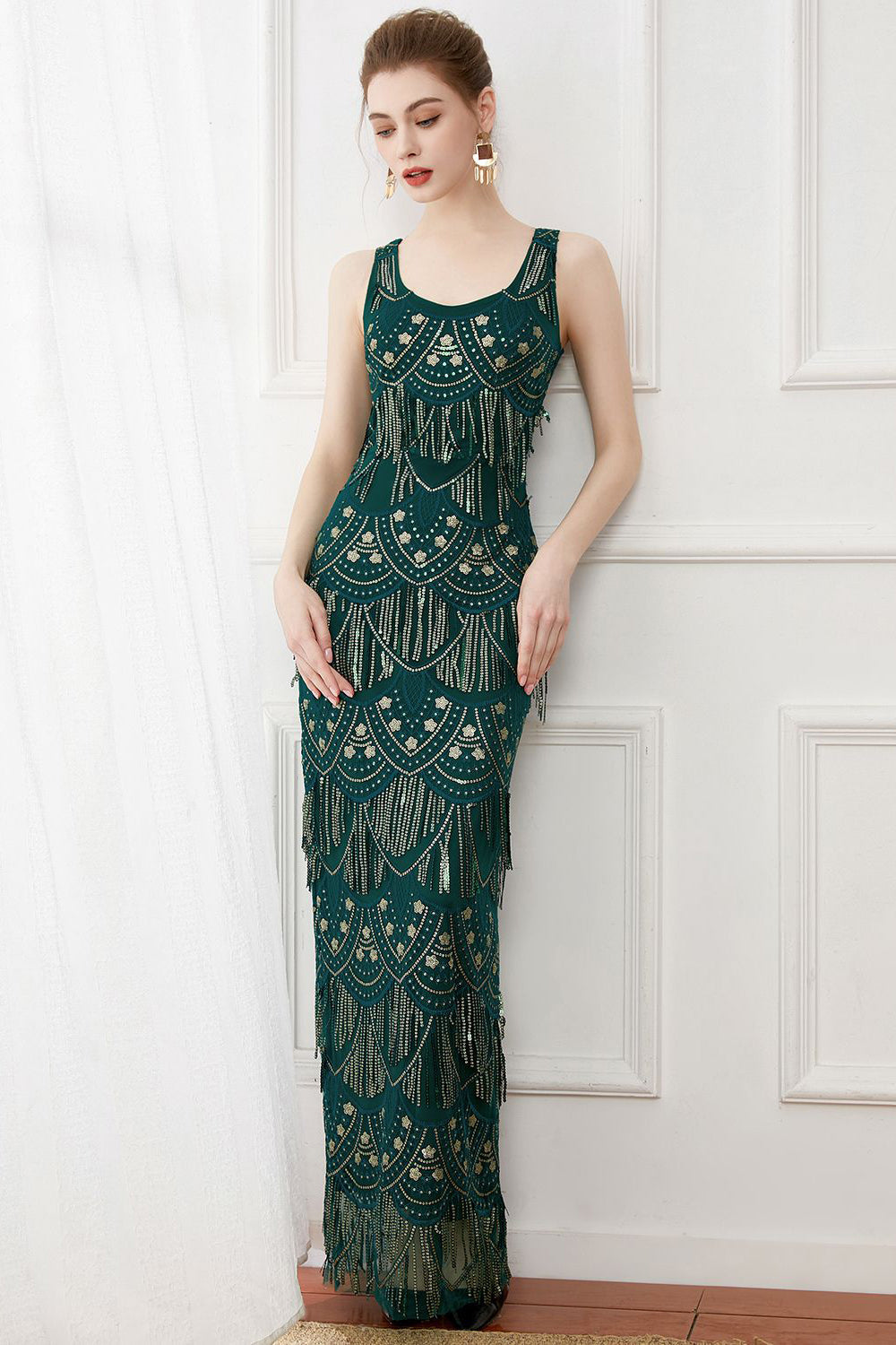 Dark Green Sheath Fringes Sequins Evening Dress