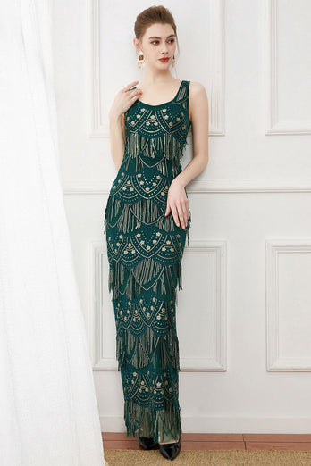 Dark Green Sheath Fringes Sequins Evening Dress