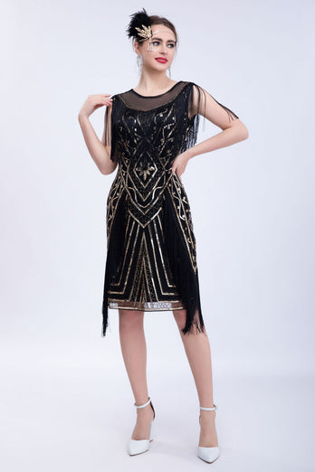 Black Glitter Sequins Cocktail Party Dress with Fringes