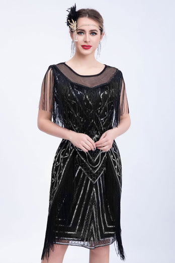 Black Glitter Sequins Cocktail Party Dress with Fringes