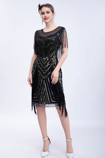 Black Glitter Sequins Cocktail Party Dress with Fringes