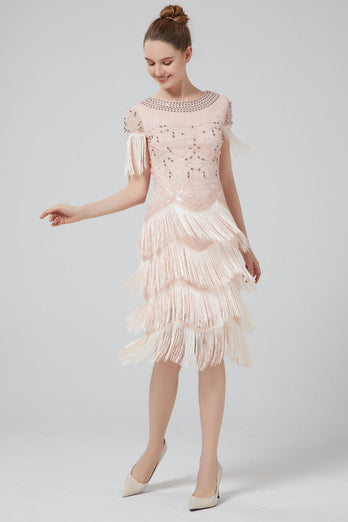 Blush Sequins Sparkly Party Dress with Fringes