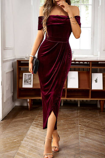 Burgundy Velvet Off the Shoulder Holiday Party Dress