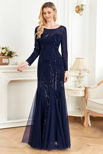 Long Sleeves Mermaid Sequins Formal Dress