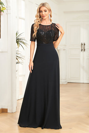 Sparkly Black Formal Dress with Short Sleeves